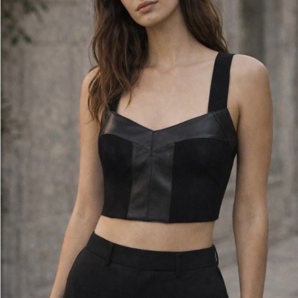 Cabi Black Faux Leather and Ponte Knit Crop Top Bra-let NWOT Ret $89 Sz M